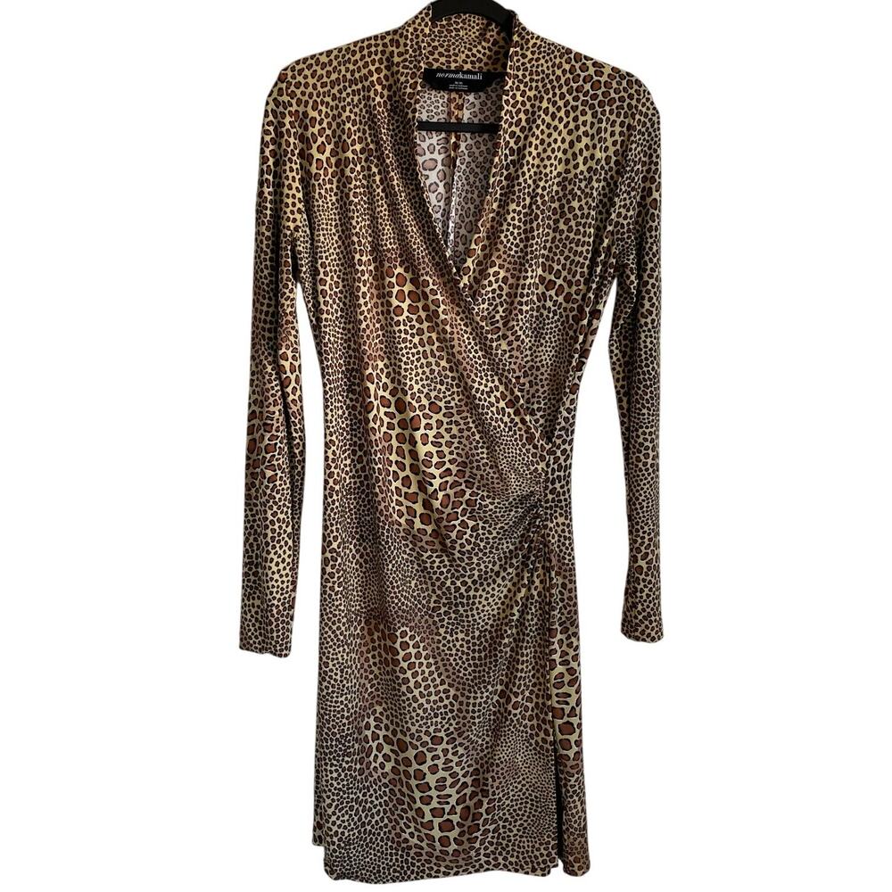 Norma Kamali Faux Wrap Dress Sz M Ruched V-Neck Long Sleeves Animal Print